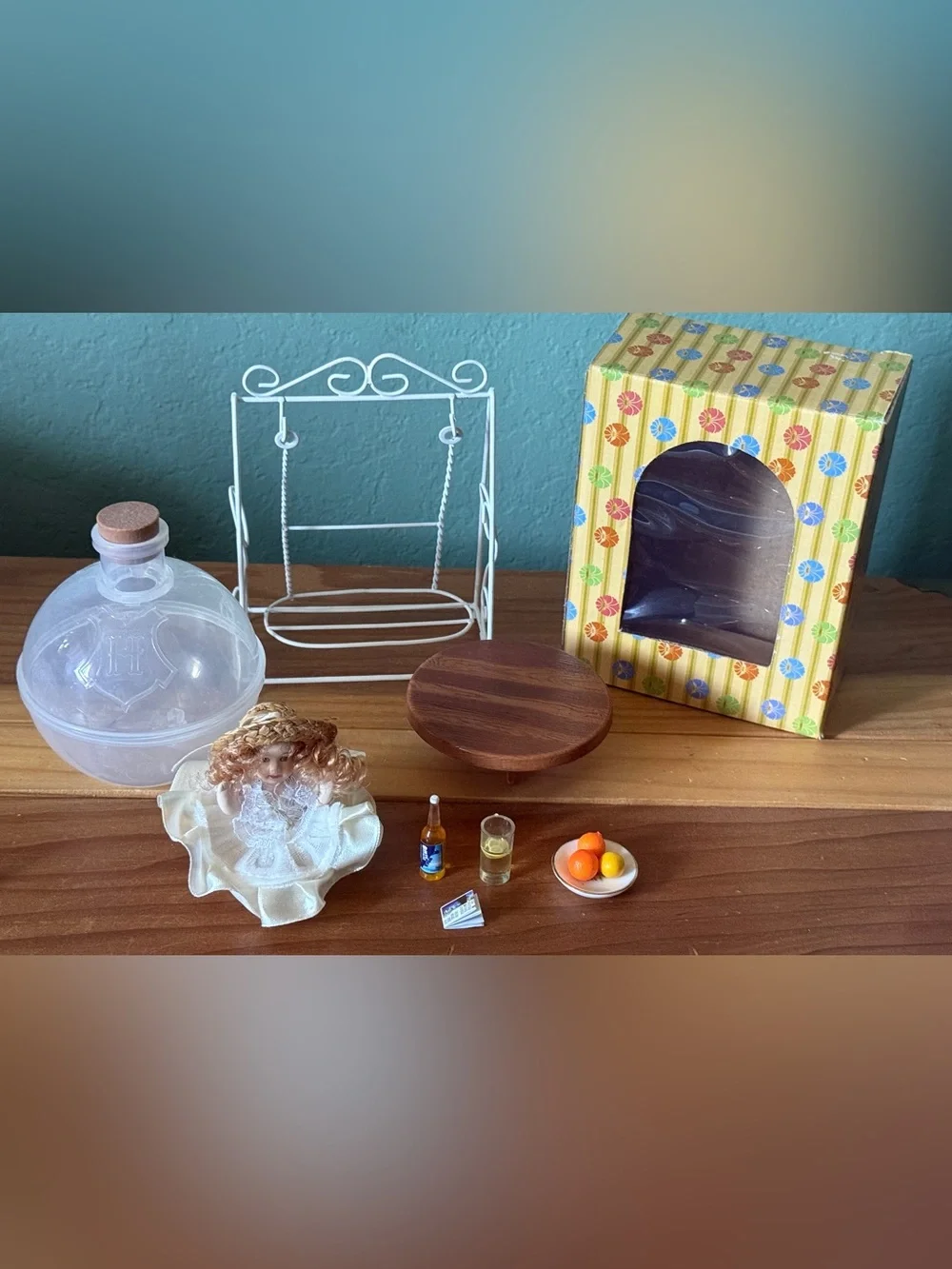 Vintage Miniature Porcelain Doll Swing Table Food Accessories Set